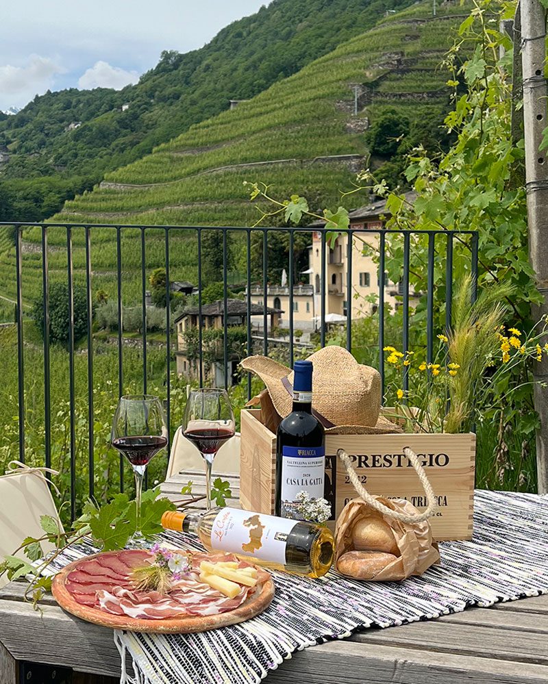 cesto da picnic con prodotti km0 per un picnic in valtellina
