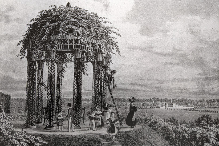 “Tempietto di ferro, nel fondo veduta nell’I.R. Parco di Monza”. C. Sanquirico, Milano 1830