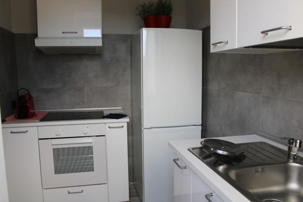 apartment with two single beds, a kitchenette, and a private bathroom.