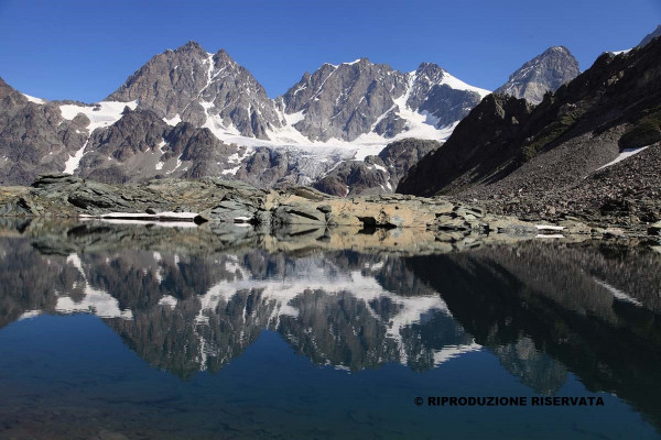 Il gruppo del Bernina si specchia nel Lago delle Forbici